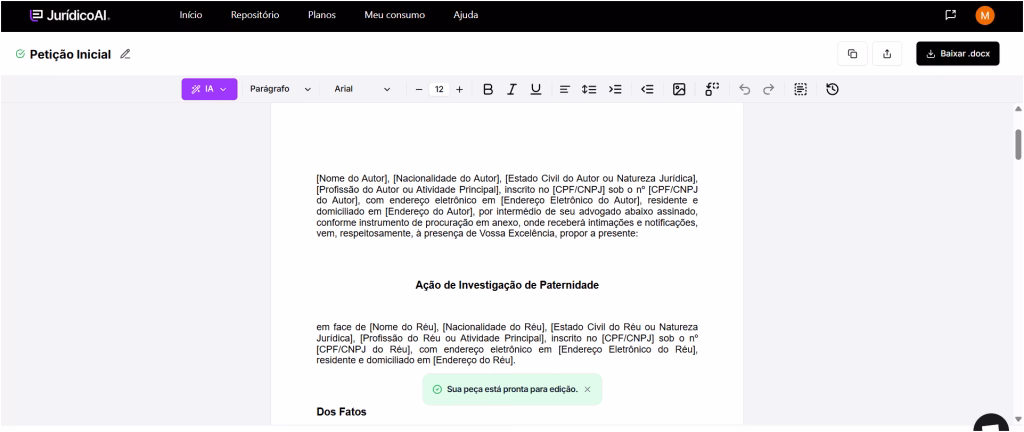 Petição Inicial feito pela Jurídico AI