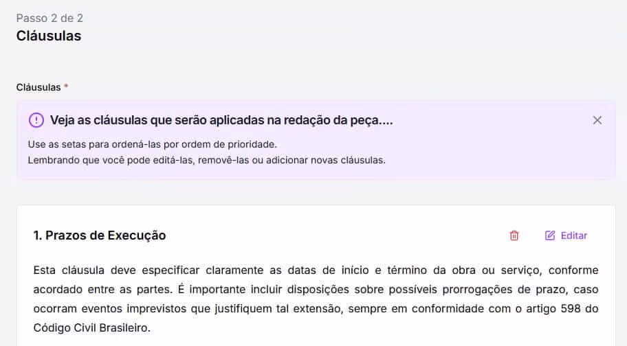 Tela de edição de cláusulas 