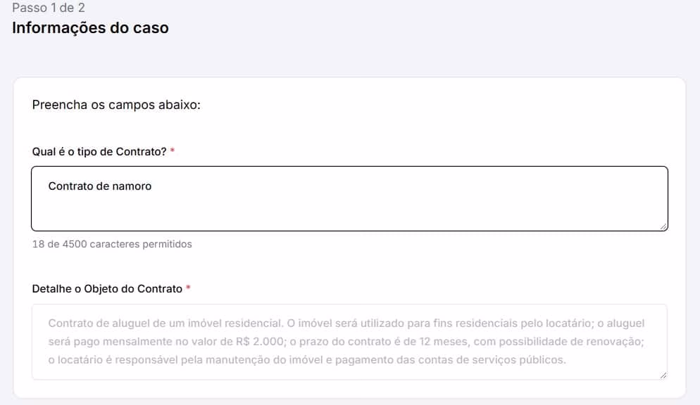 Tela para preencher informações sobre o contrato 