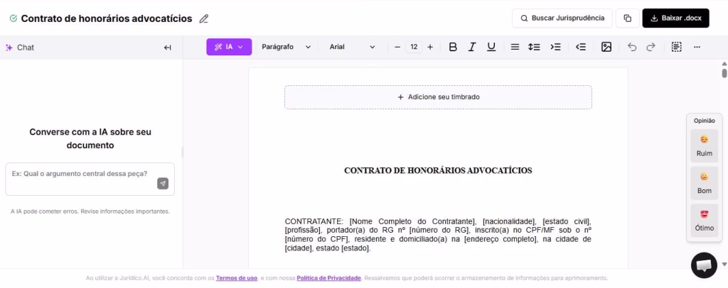 Tela para editar e baixar Contrato de Honorários Advocatícios