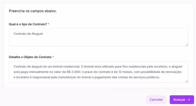 Tela para preencher informações do Contrato de Honorários Advocatícios