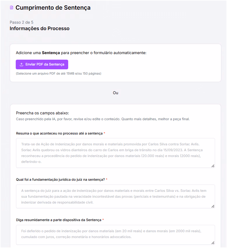 Preencha as informações principais do cumprimento de sentença.