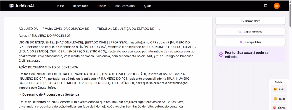 Pedido de Cumprimento de Sentença gerado pela Jurídico AI.