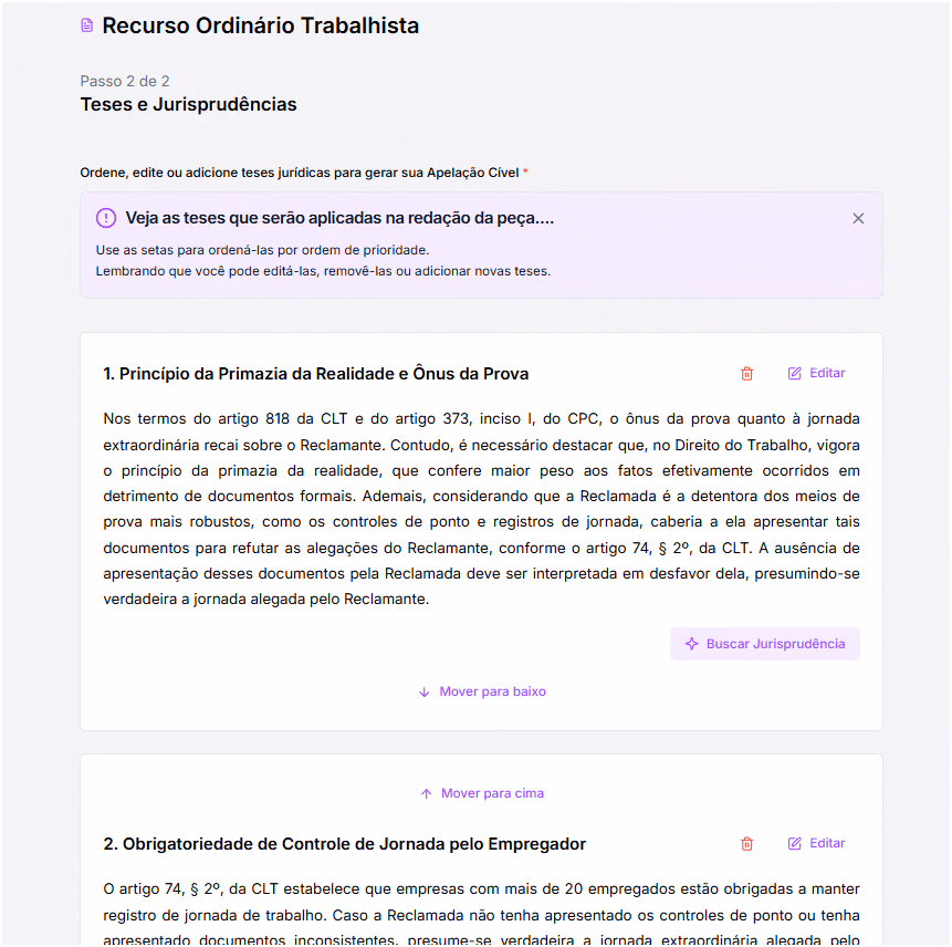 Revise as teses geradas, faça os ajustes necessários e selecione os precedentes relevantes diretamente na plataforma.