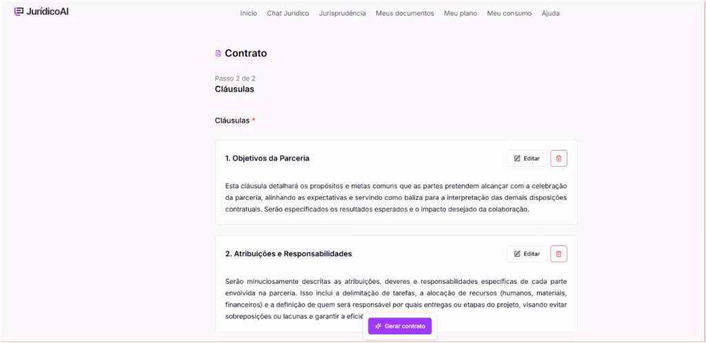 Revise as cláusulas do contrato de Parceria gerado na plataforma da Jurídico AI.