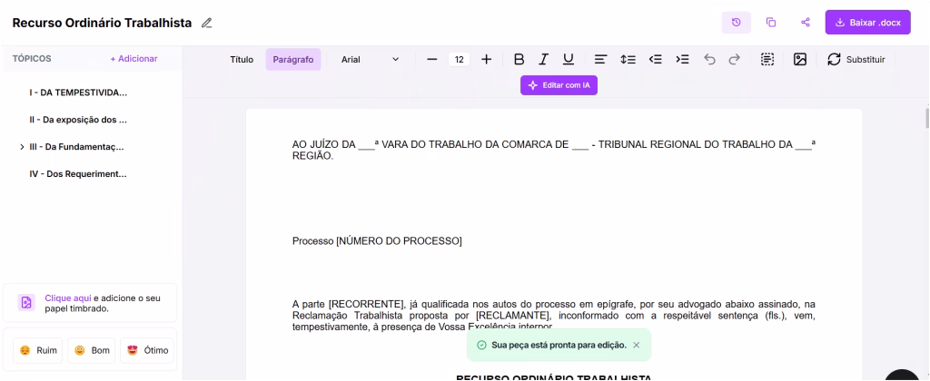 Recurso ordinário trabalhista feito por inteligência artificial.