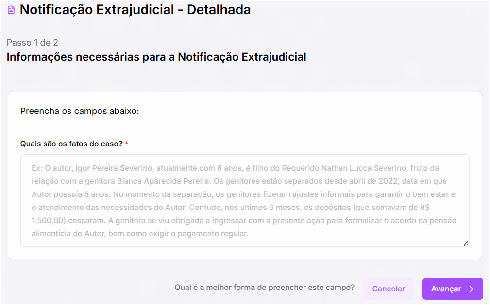 Informações necessárias para a notificação extrajudicial.