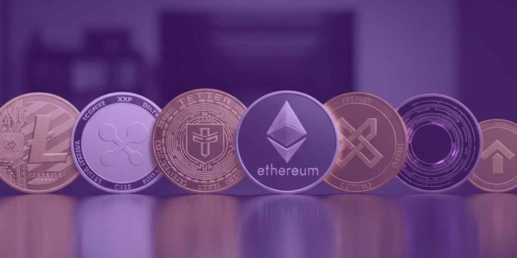 Variedade de Criptomoedas, como: Bitcoin, Ethereum e outras altcoins.