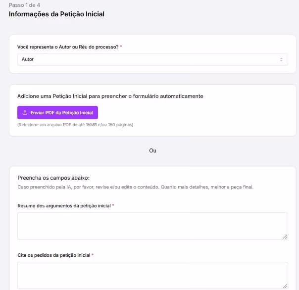 Tela para preencher informações sobre a petição inicial 