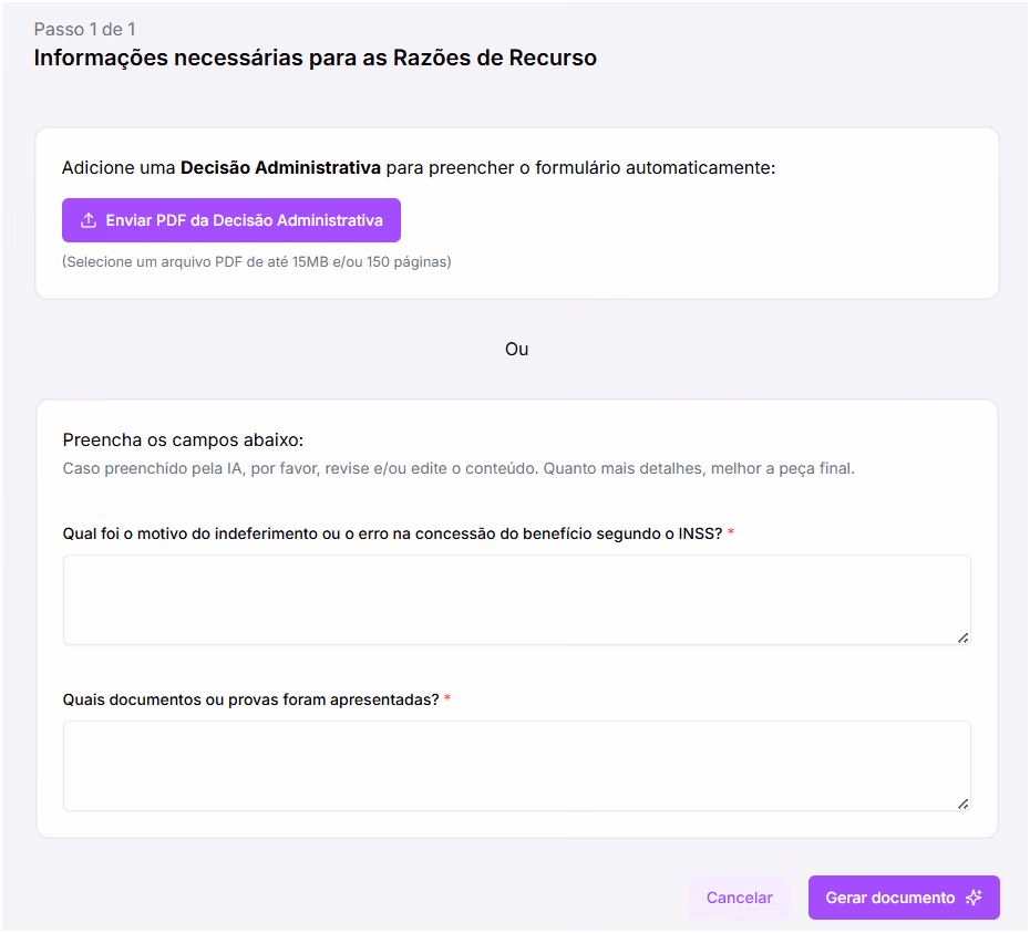 Preencha os argumentos e fundamentos jurídicos do recurso.