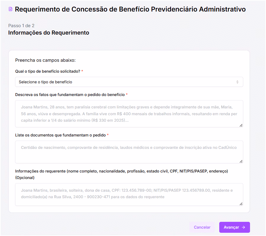Preencha os campos com as informações necessárias.