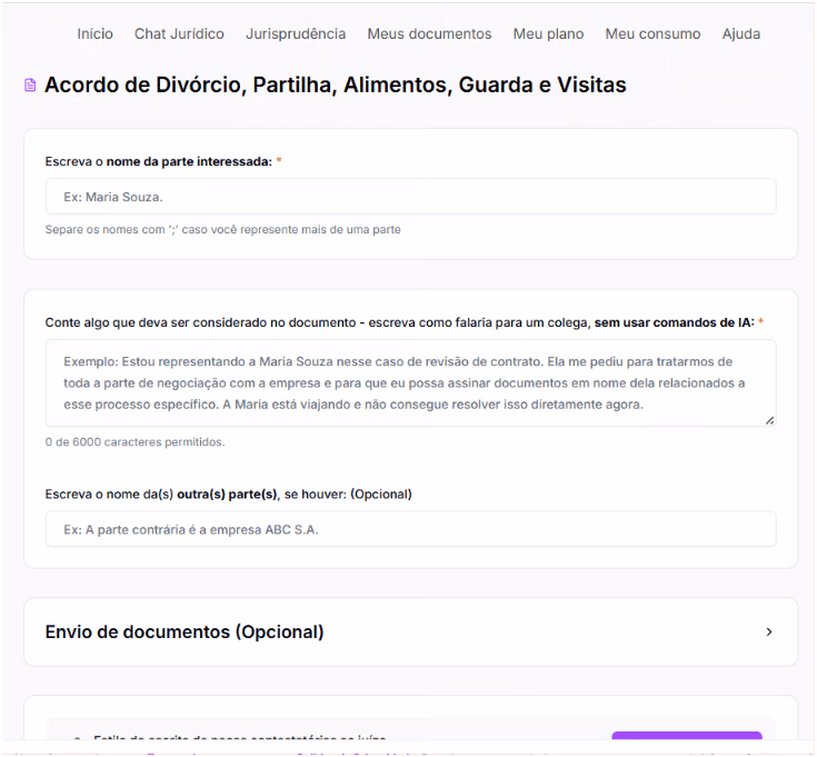 Preenchimento de informações para criar o modelo de divórcio consensual.