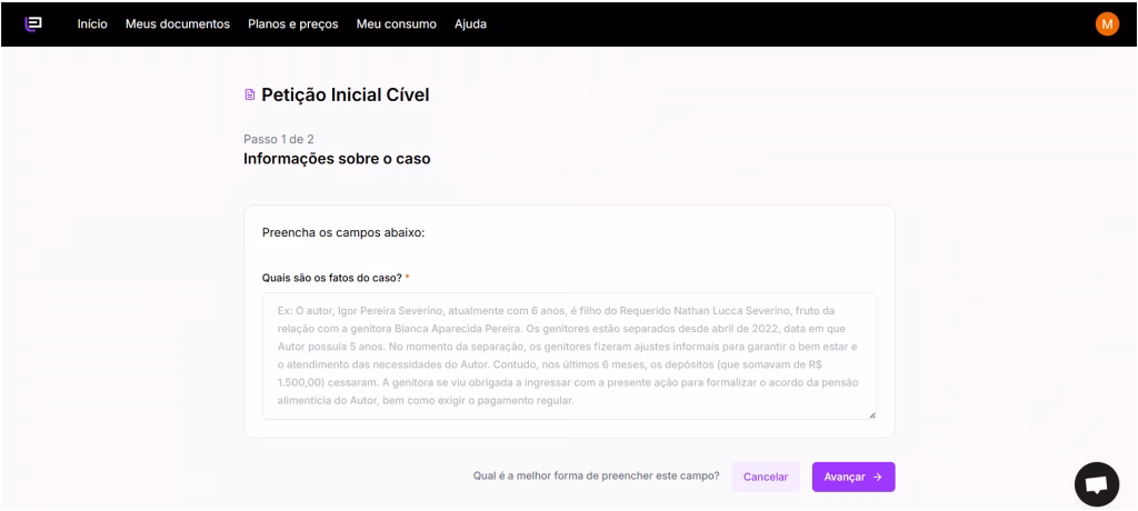 Tela para descrever as informações sobre o caso.
