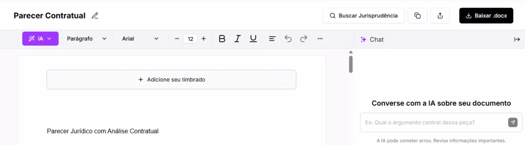 Tela para editar e baixar Analise Contratual com parecer