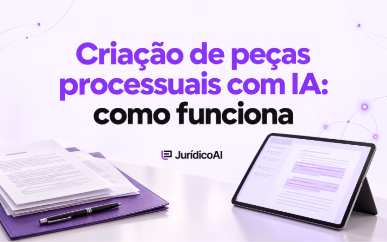 Capa sobre criação de peças processuais com IA, com documentos, caneta e tablet exibindo um editor de texto com destaques em roxo.