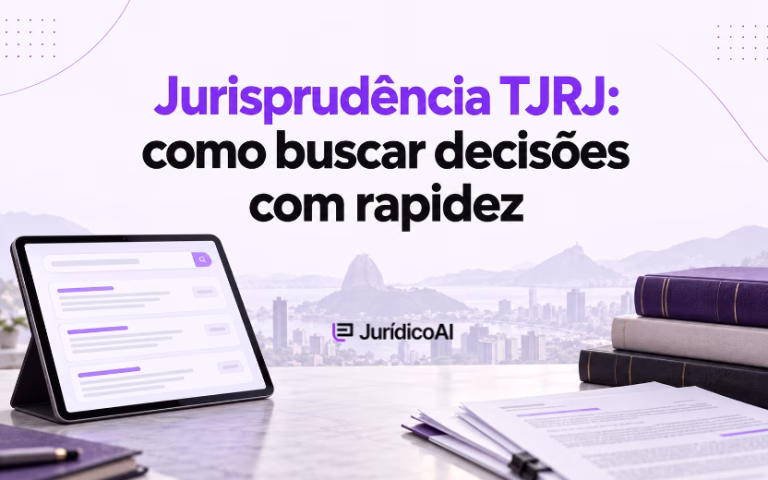 Capa sobre jurisprudência do TJRJ, com tablet exibindo uma pesquisa, livros jurídicos e paisagem do Rio de Janeiro ao fundo.
