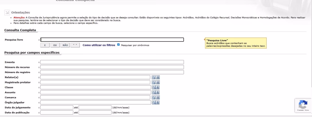 Tela para fazer pesquisa livre de jurisprudência no TJSP