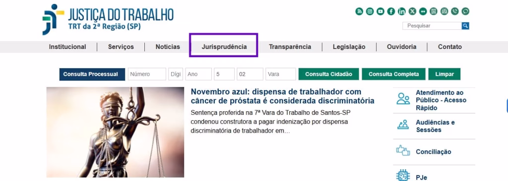 Tela inicial para busca de jurisprudência no TRT2