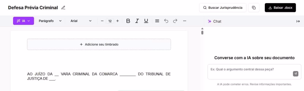 Tela para editar e baixar a defesa prévia criminal