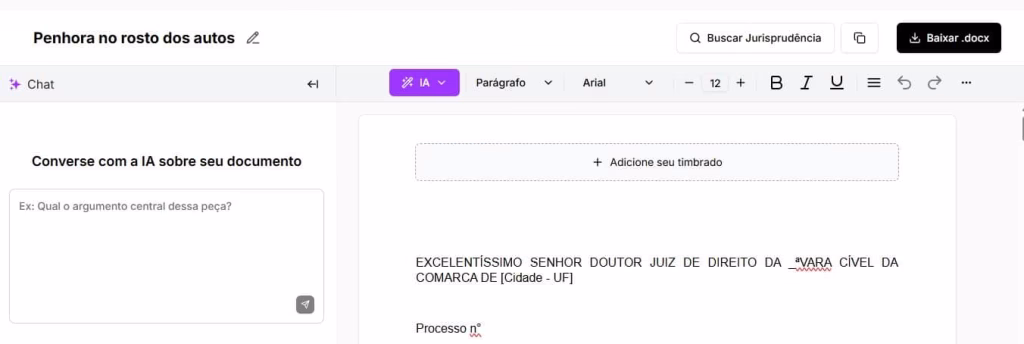 Tela para editar e baixar a penhora no rosto dos autos