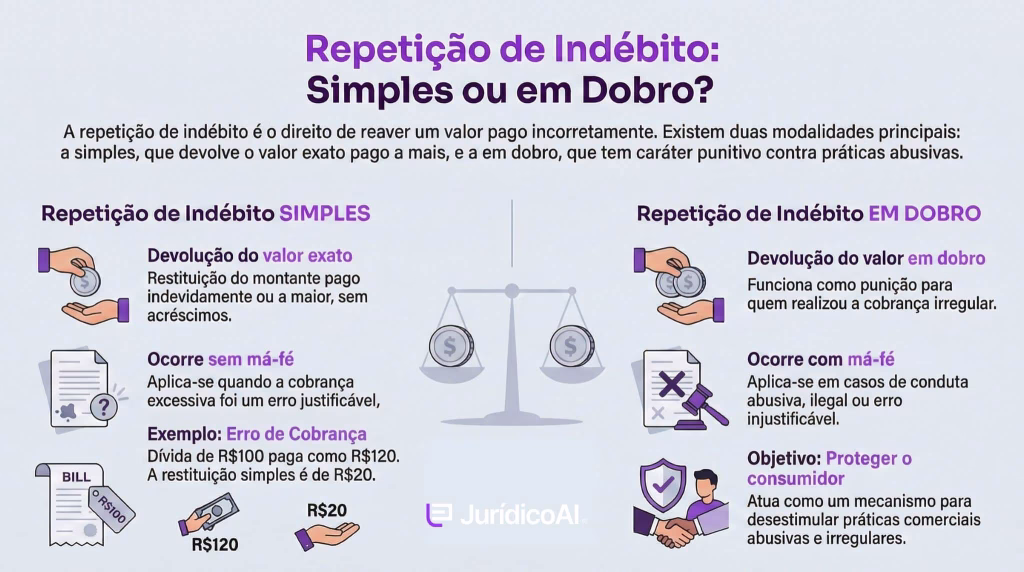 Infográfico com diferença entre repetição de indébito simples ou em dobro