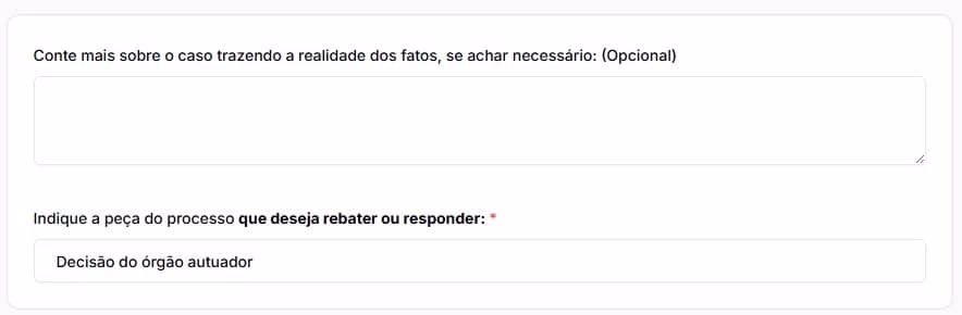 Tela para adicionar informações adicionais ao Recurso ao CETRAN