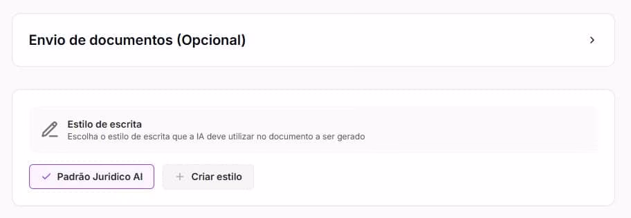 Tela para envio de documentos e escolha da escrita da Ação de Adjudicação Compulsória
