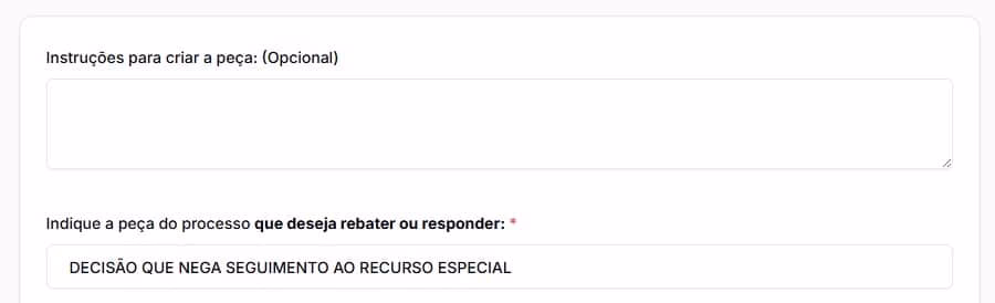 Tela para dar instruções e fundamentar melhor a contraminuta ao agravo em recurso especial