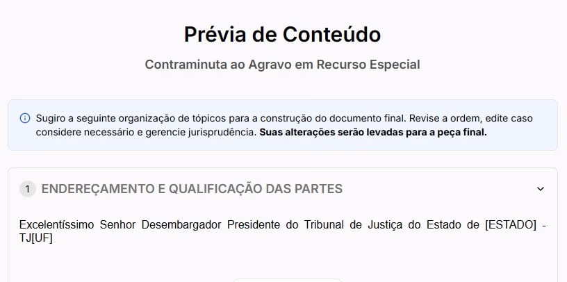 Tela de prévia da contraminuta ao agravo em recurso especial