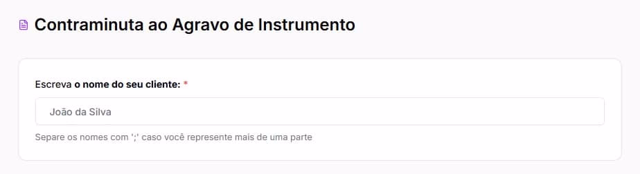 Tela para preencher com nome do seu cliente na contraminuta ao agravo de instrumento