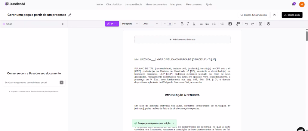 Modelo de Impugnação à Penhora finalizado.