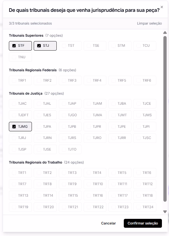 Selecione três tribunais para que a IA da Jurídico AI inclua automaticamente jurisprudência compatível com o caso do seu cliente.