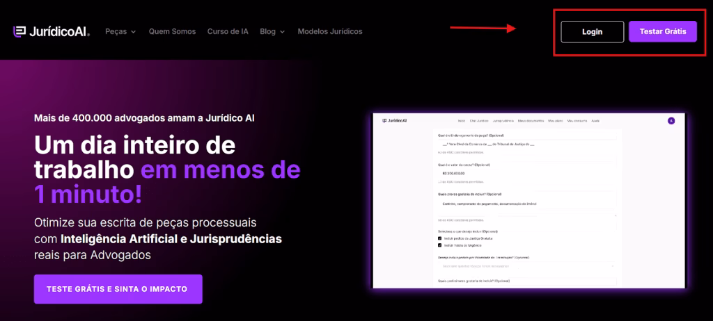 Tela de home da Jurídico AI