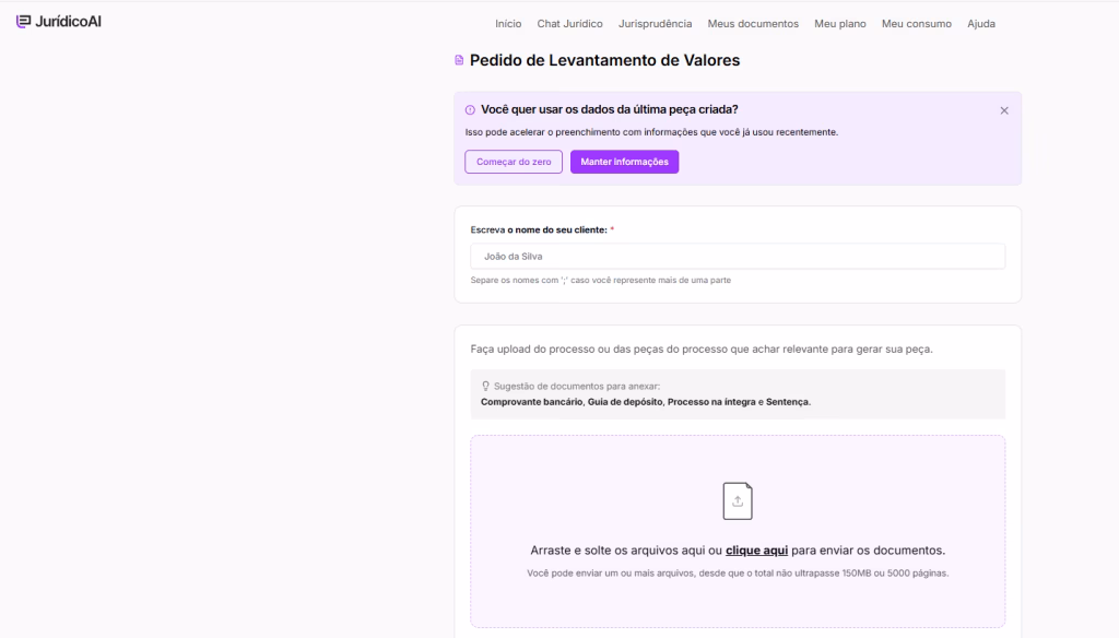 Criando o modelo de Pedido de Levantamento de Valores