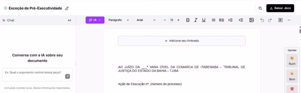 Tela para baixar e editar modelo de Exceção de Pré-Executividade