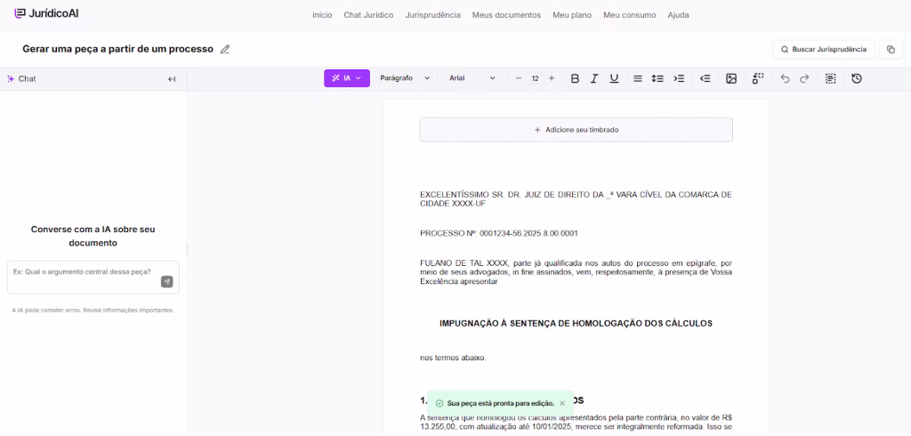 Modelo de Impugnação à Sentença de Homologação dos Cálculos finalizado.
