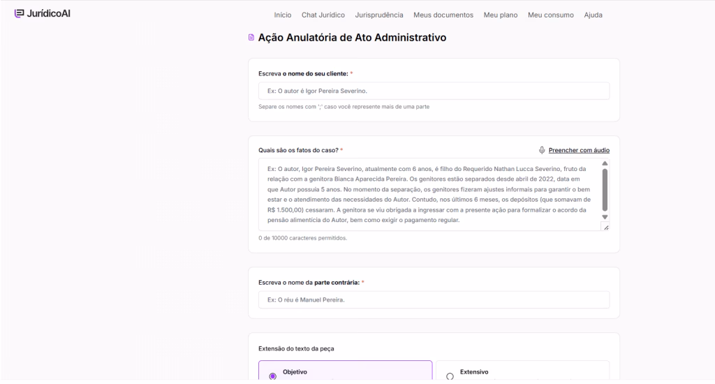 Informações para criar o modelo de Ação Anulatória de Ato Administrativo 