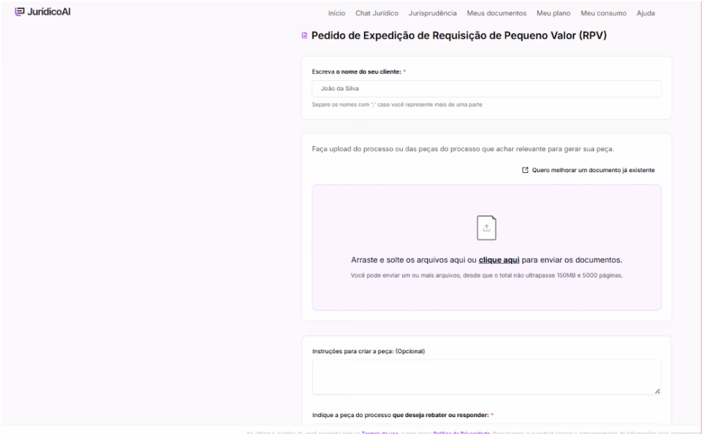 Informações para criar o modelo de Pedido de Expedição de Requisição de Pequeno Valor.