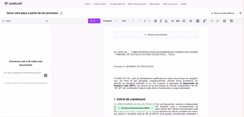 modelo de Pedido de Expedição de Requisição de Pequeno Valor finalizado.