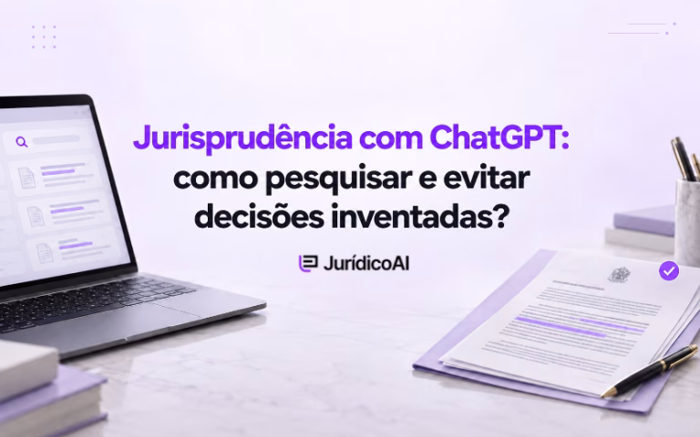 Capa sobre jurisprudência com ChatGPT, com notebook exibindo resultados de pesquisa e documento judicial com símbolo de verificação.
