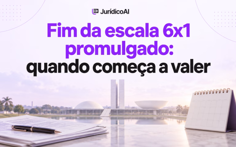 Capa com o título “Fim da escala 6x1 promulgado: quando começa a valer”, Congresso Nacional ao fundo, documentos e calendário