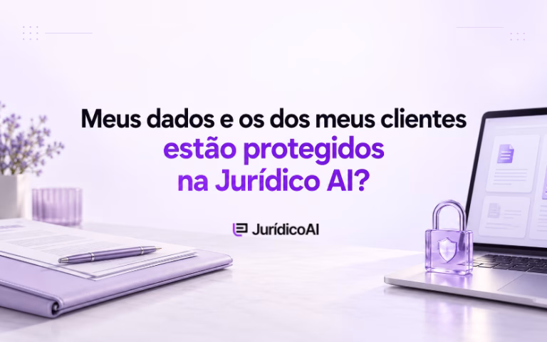 Capa sobre proteção de dados na Jurídico AI, com documentos, notebook e cadeado lilás com símbolo de escudo.