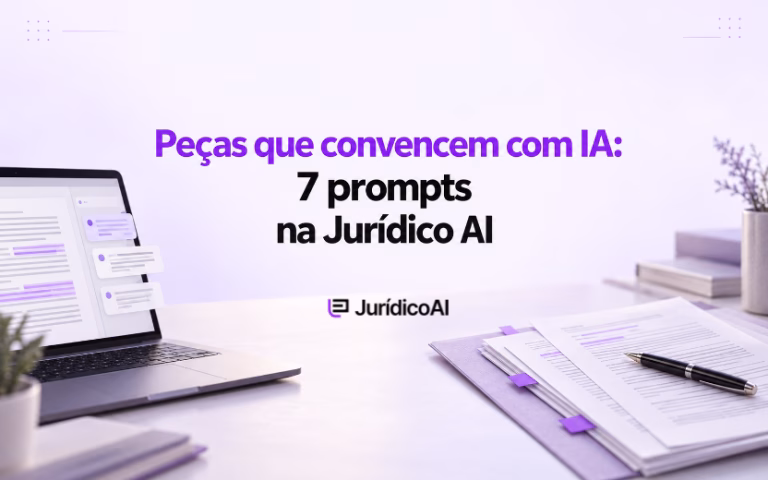 Capa sobre peças jurídicas com IA, com notebook exibindo documentos e mensagens, além de papéis com trechos destacados em ro