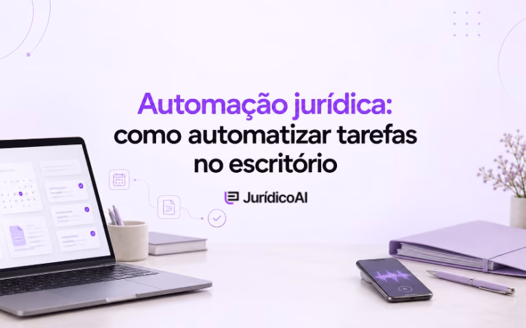 Capa sobre automação jurídica, com notebook exibindo agenda e tarefas, celular com áudio e pasta de documentos.