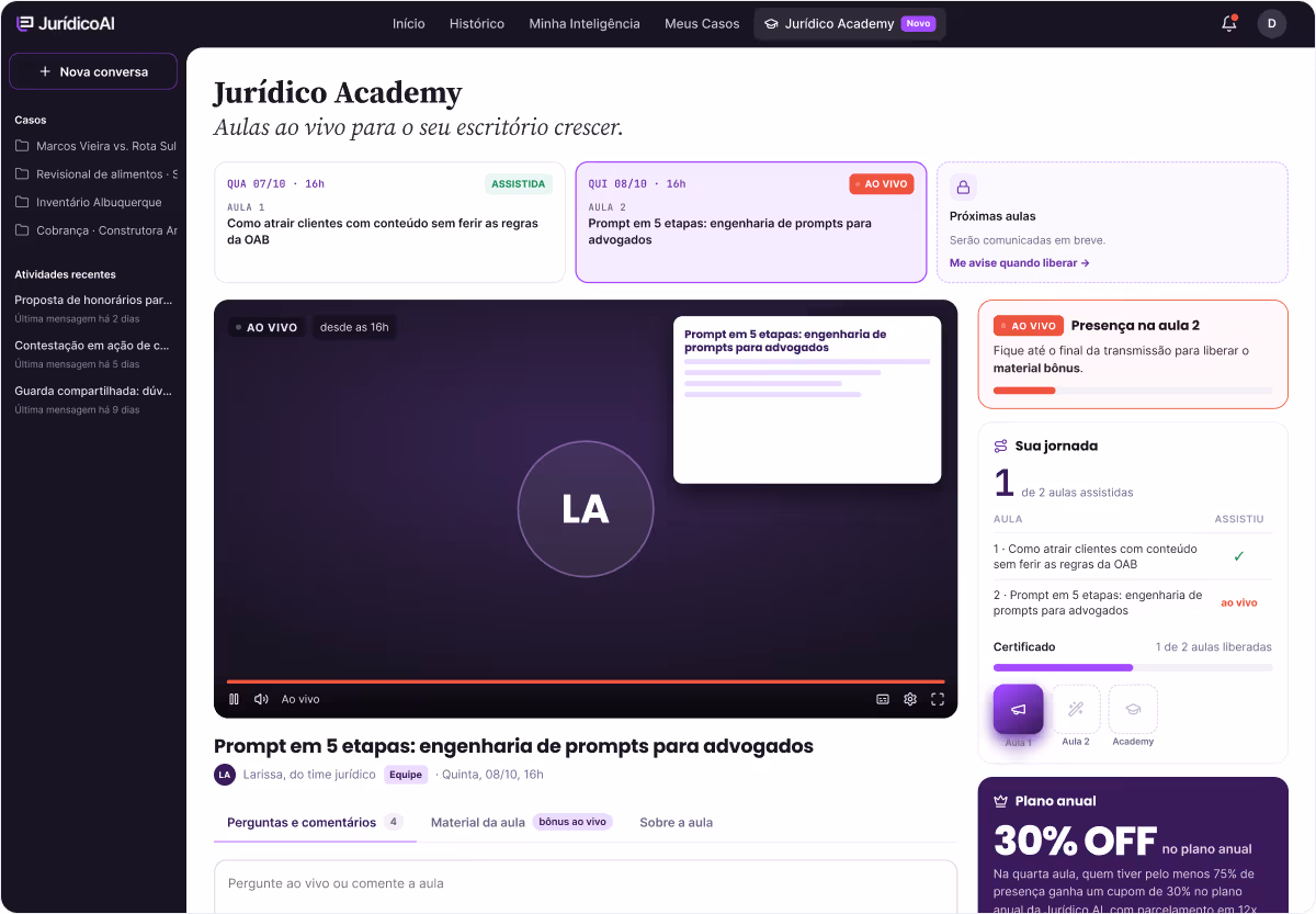 Jurídico Academy dentro da plataforma da Jurídico AI, com a aula 2 ao vivo
